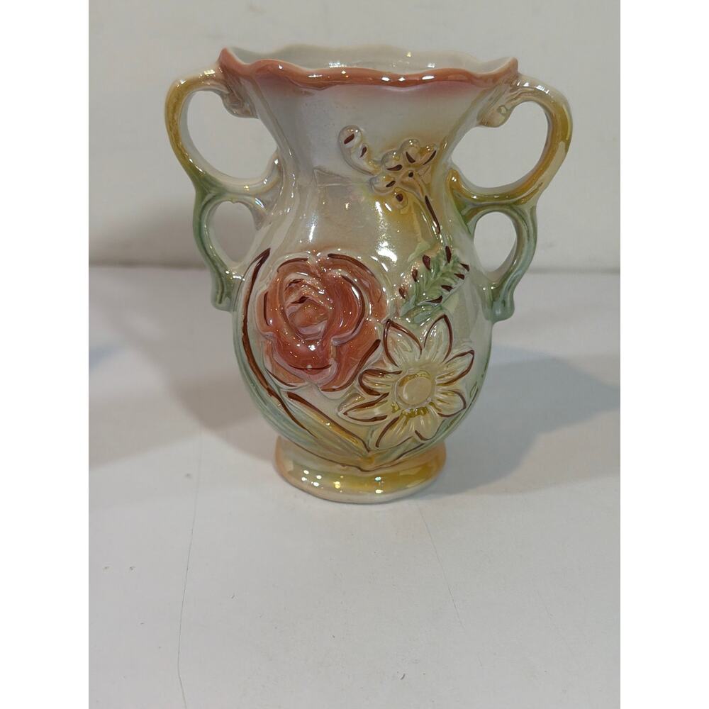 Lusterware Bud Vase Floral Double Handled Made in Brazil Vintage 5.5"